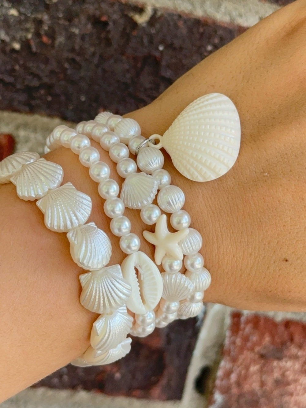 White Shell & Pearl Multi-Strand Beach Bracelet Set